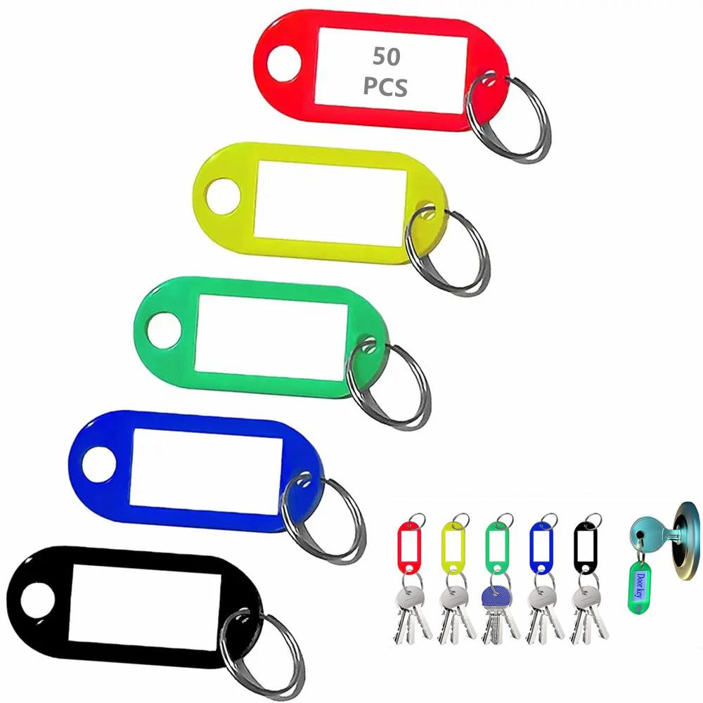 50Pcs Tough Plastic Key Tags in 5 Assorted Colors Item Identifiers Markers with Blank Paper Labels and Split Ring, Organize Your Keys and Stuff