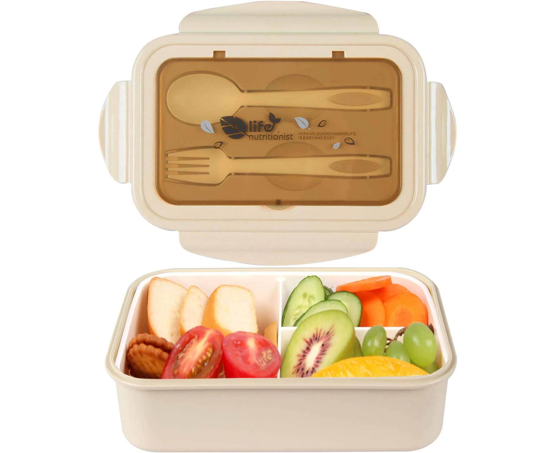 Lunch Box, Bento Boxes, Lunch Box, Leak Proof Lunch Boxes Kids and Adults, Bento Lunch Boxes with 3 Compartments and Cutlery-Khaki