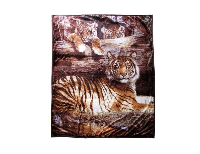 Faux Mink Fleece Throw Rug Blanket 675gsm Queen Tiger Family