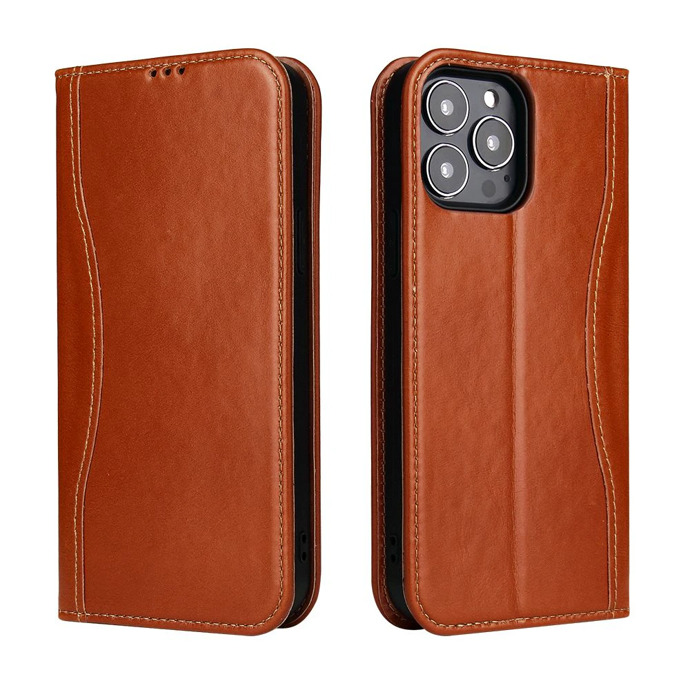 For iPhone 15 Pro Case Fierre Shann Genuine Cowhide Leather Wallet Cover Brown