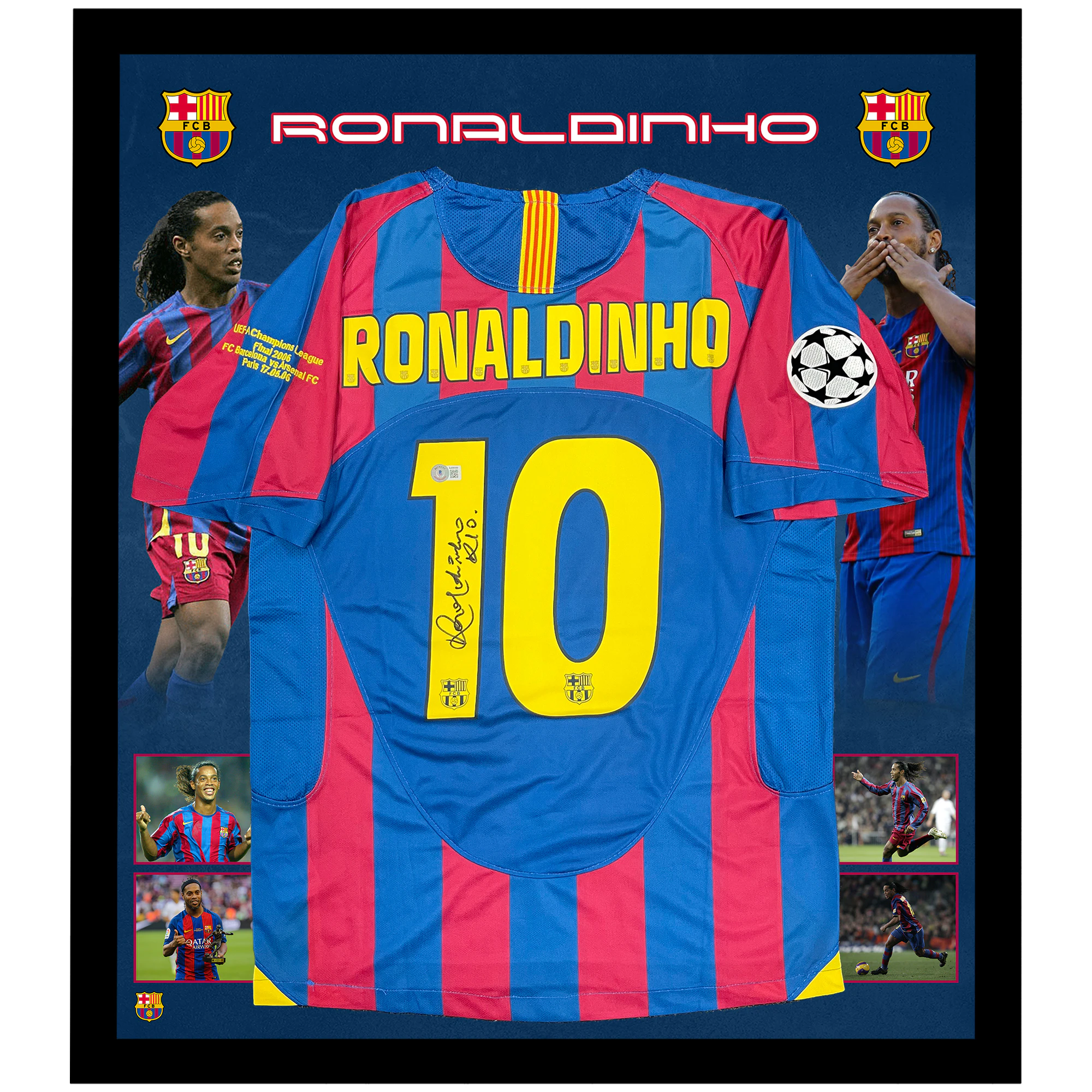 Soccer Ronaldinho Signed & Framed FC Barcelona Jersey (Beckett Hologram)