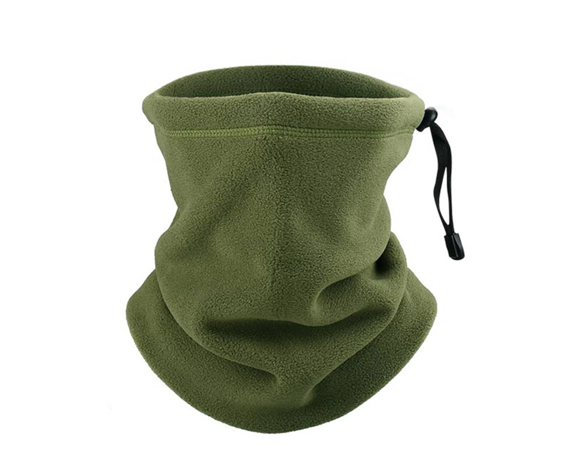 Soft Neck Warmer Gaiter Solid Color Drawstring Design Fleece Neck Gear for Cycling-Army Green