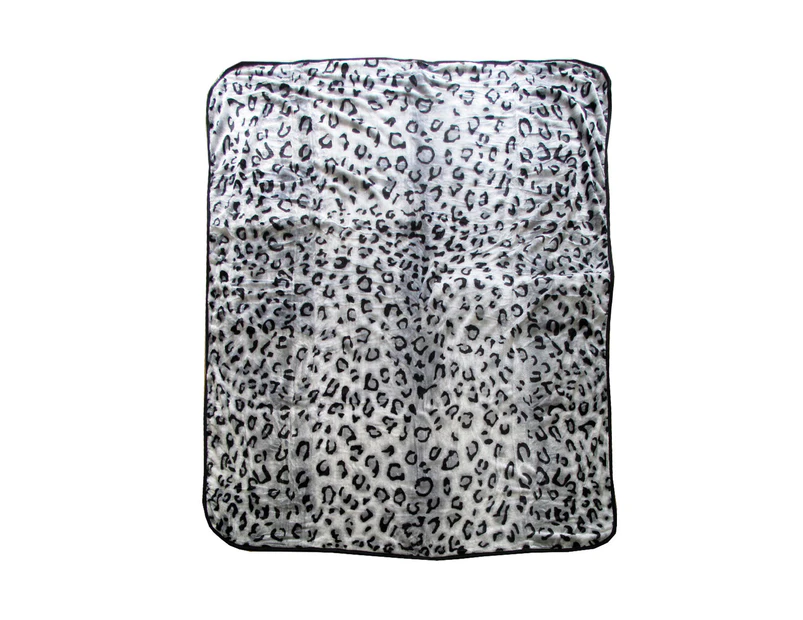 Animal Print Faux Mink Fleece Throw Rug Blanket 375gsm Queen Snow Leopard