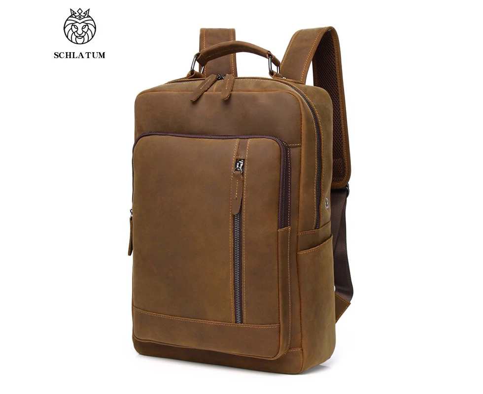 New Men's backpack retro Crazy Horse Leather luxury travel bag backpack Business shoold bag for man daypack laptop bag - Brown