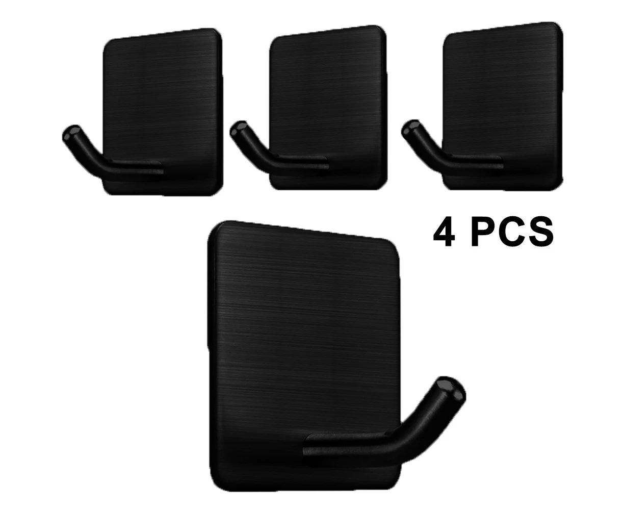 4 Pack Adhesive Hooks Heavy Duty Stick on Wall Door Cabinet Stainless Steel Towel Coat Clothes Hooks Self Adhesive Holders - Black