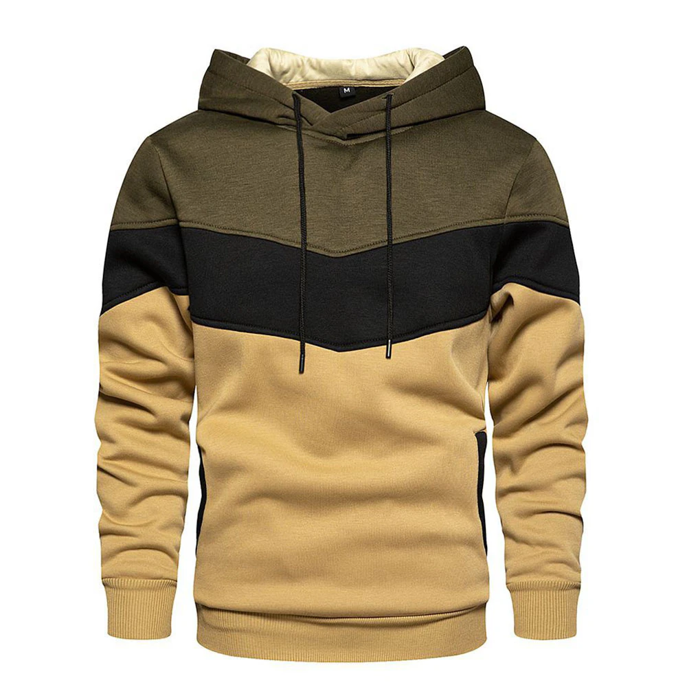 Men Colourblock Long Sleeve Hooded Sweatshirt Pullover Drawstring Hoodie Top - Khaki