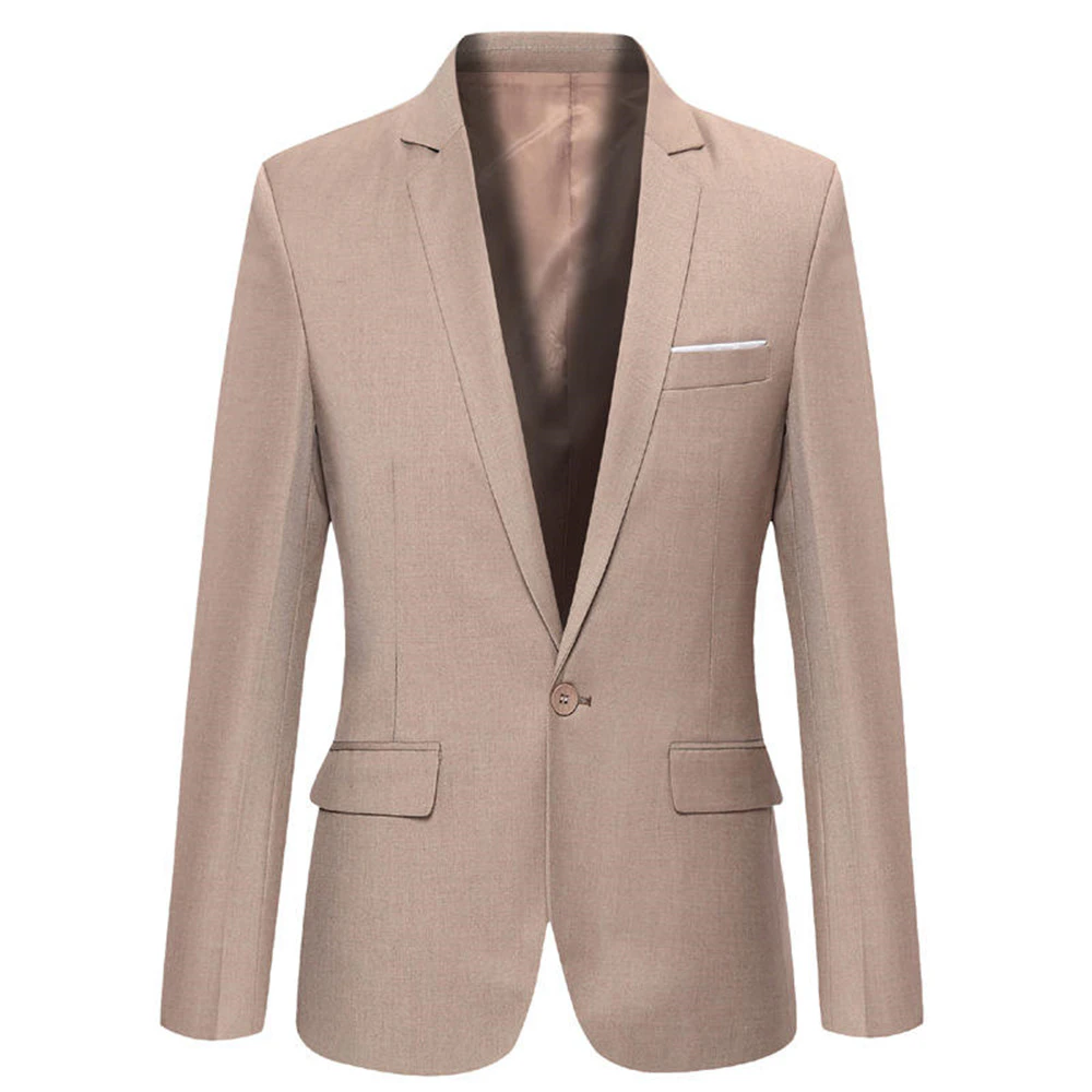 Men Notched Collar Suit Jacket Slim Fit One Button Dress Coat Work Formal Party Blazer - Khaki