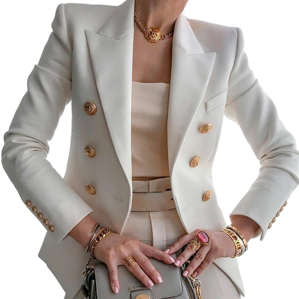 Women Slim Fit Double Breasted Peak Lapel Blazer Long Sleeve Jacket Coat Casual Cardigan - White