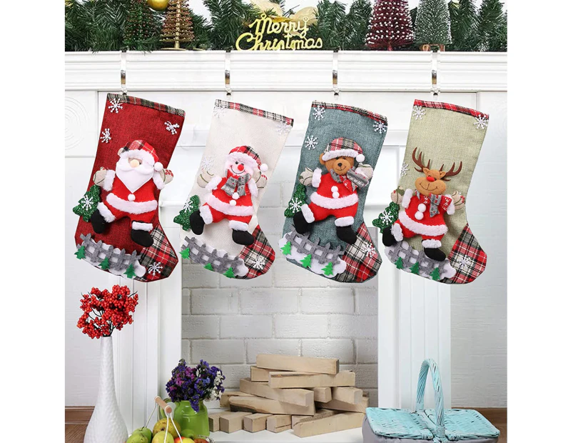 4 Packs Christmas Stockings 18 inch Sets Stocking with Santa Snowman Reindeer Bear 3D Plush Xmas Decor