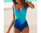 Women Plus Size Tummy Control Monokini Padded Swimming Costume Bikini Swimwear Swimsuit Beachwear - Gradient Blue