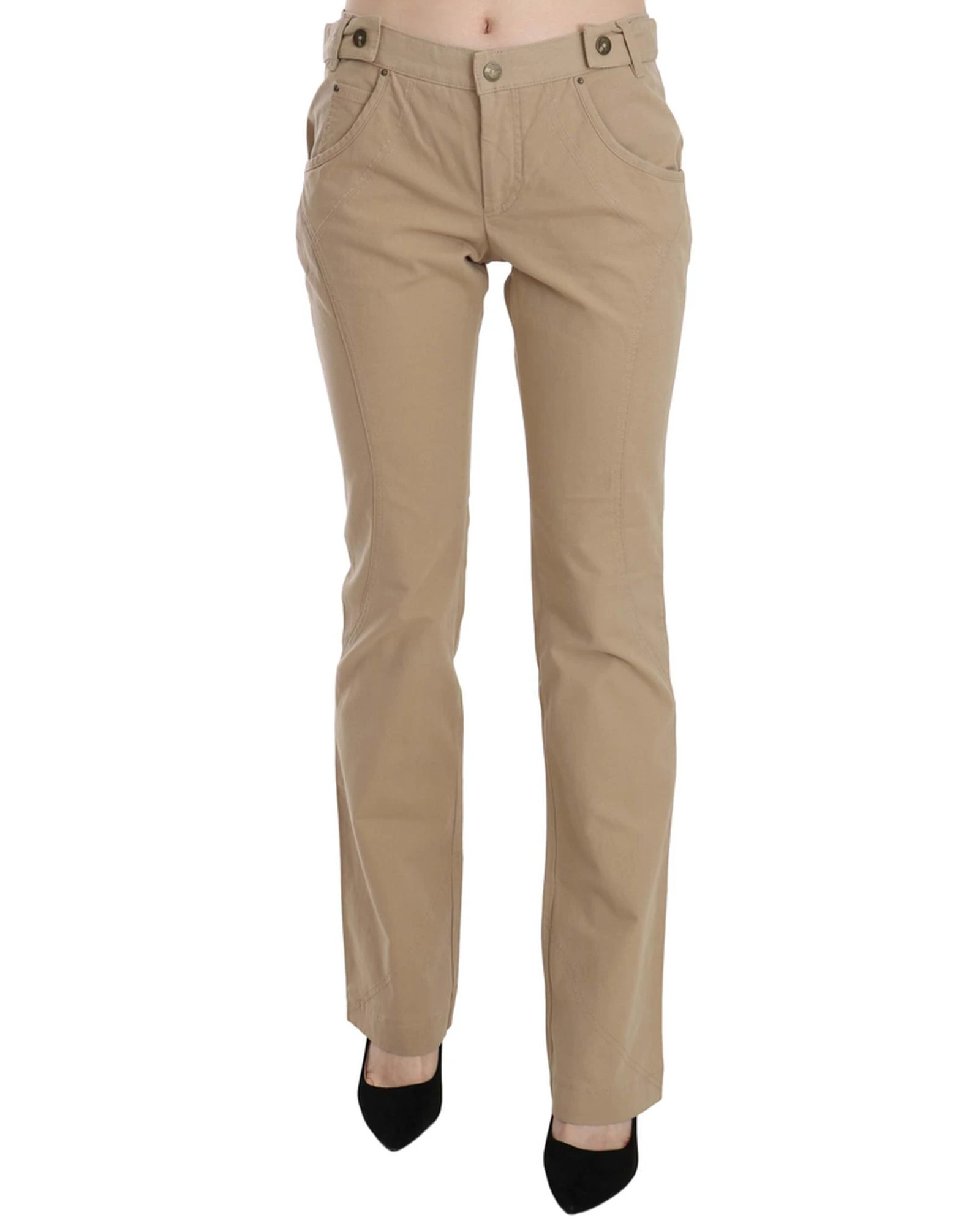 Just Cavalli Beige Cotton Mid Waist Straight Trousers Pants