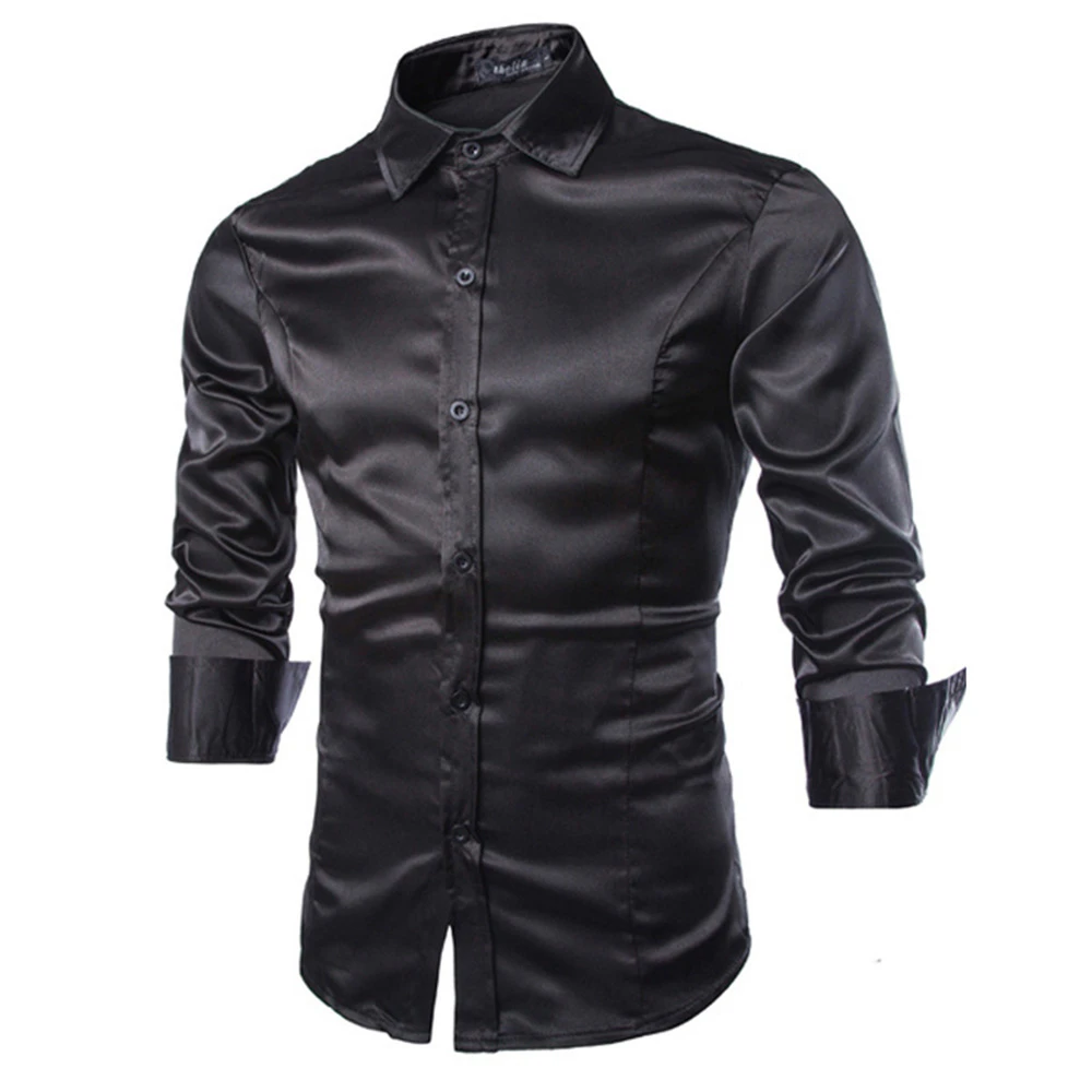 Men Luxury Glossy Look Long Sleeve Dress Shirt Casual Formal Party Wedding - Black