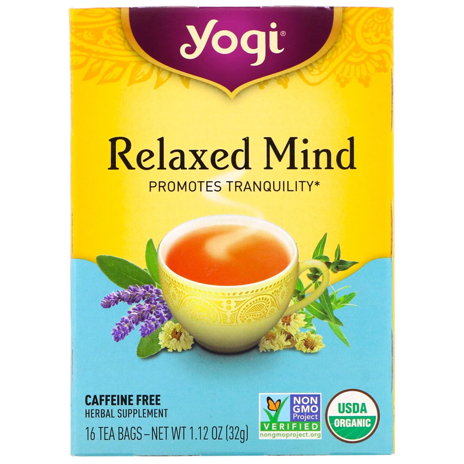 Yogi Tea, Organic Relaxed Mind, Caffeine Free, 16 Tea Bags, 1.12 oz (32 g)