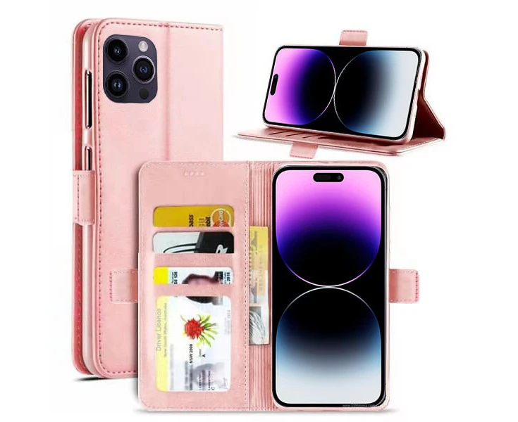 For Apple iPhone 14 Pro Max Case SupRShield Pro Luxury Wallet Leather Flip Magnetic Stand Case Cover (Rose Gold)