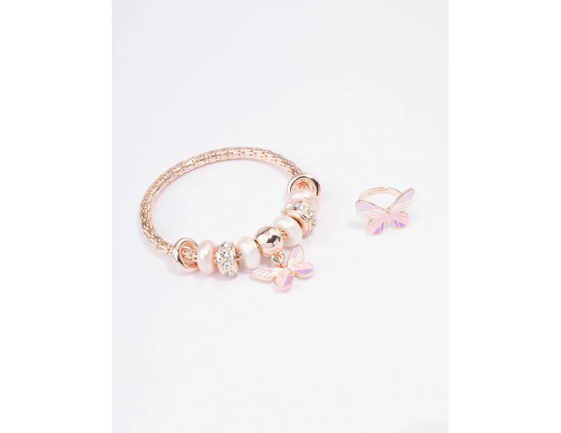 Kids Rose Gold Stretch Glitter Butterfly Bracelet & Ring Set