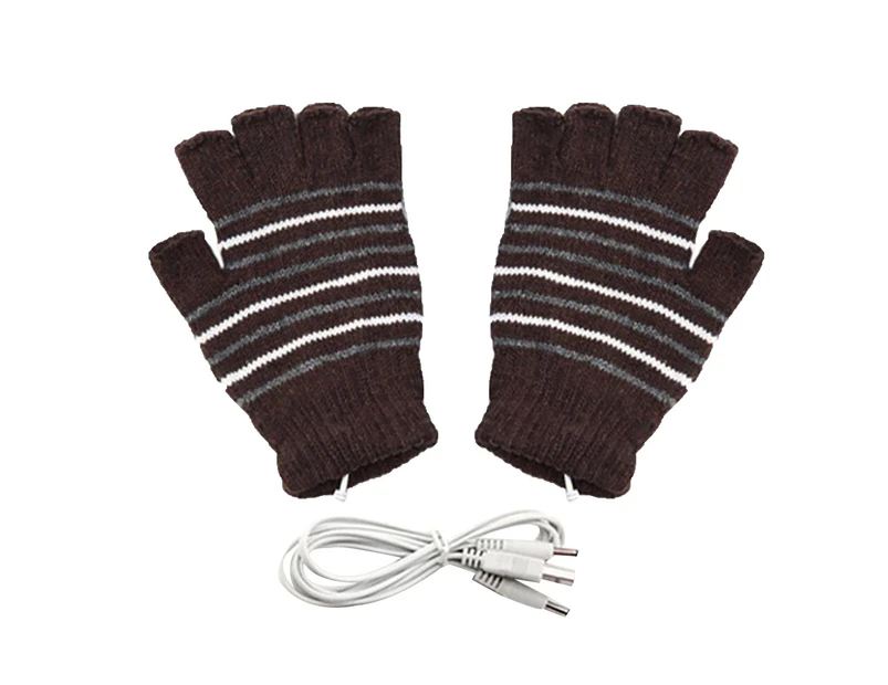 Stripe Winter USB Electric Heating Soft Warm Unisex Half Finger Knitted Gloves Stripe Coffee