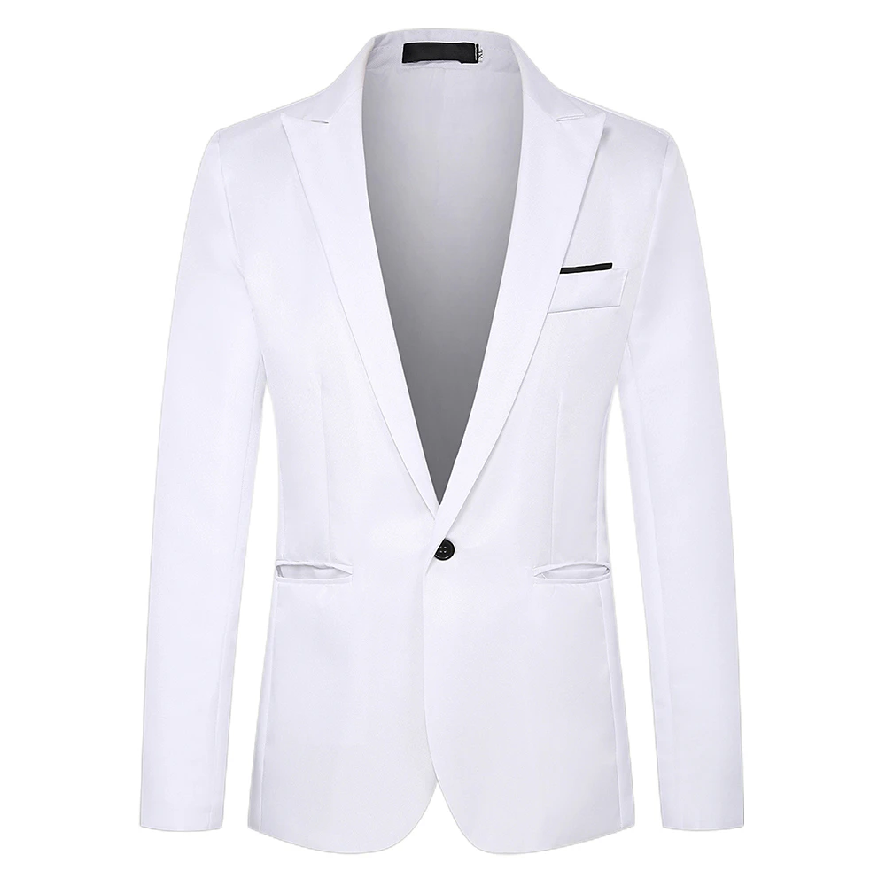 Men One Button Smart Coat Suit Blazer Dress Formal Wedding Jacket Blazer Coat Peak Lapel - White