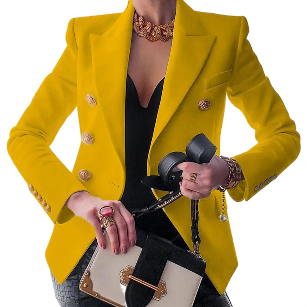 Women Slim Fit Double Breasted Peak Lapel Blazer Long Sleeve Jacket Coat Casual Cardigan - Yellow