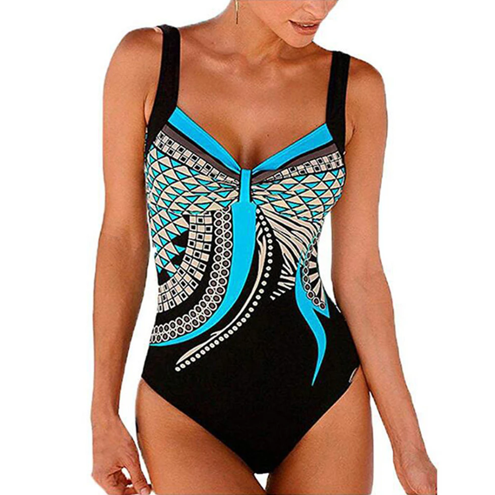 Women Padded Push Up Monokini Monokini One Piece Bikini Swimsuit Beachwear Swimming Costume Floral - Blue