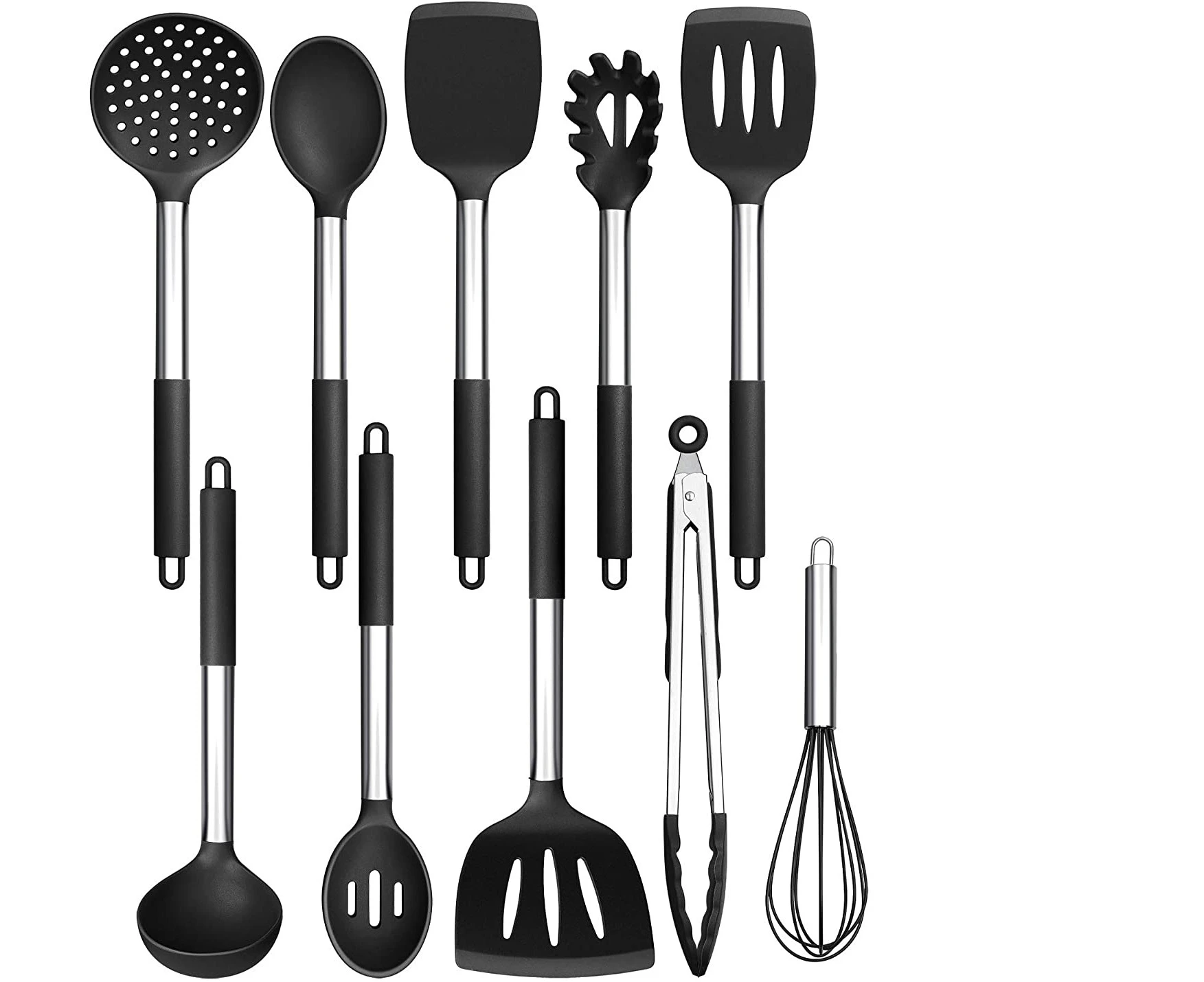 10-Piece Kitchen Cooking Utensils Set with Holder, Silicone Kitchen Tools Stainless Steel Handle, Slotted Spatula Spoon Turner Tong Whisk Brush-Black