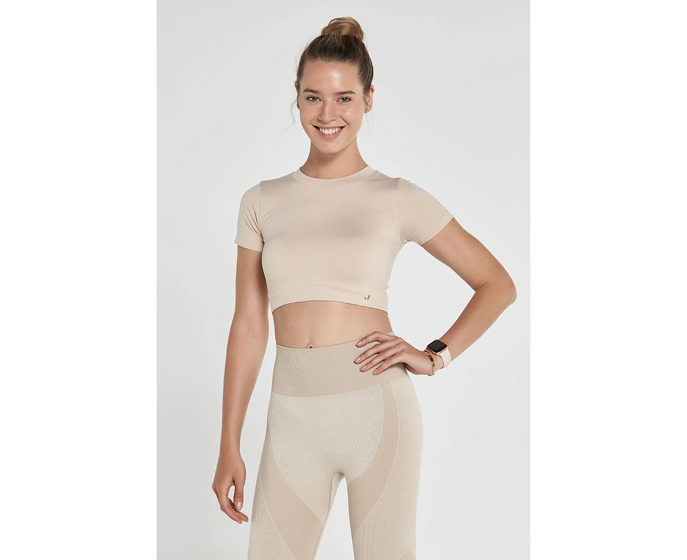 Jerf Womens Captiva Beige Seamless Crop Top with Short Sleeves