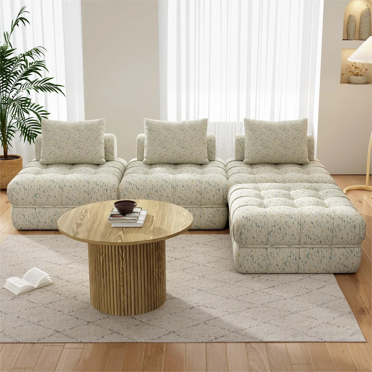 Living Room Boucle Sofa Set with Ottoman Beige -4 Piece