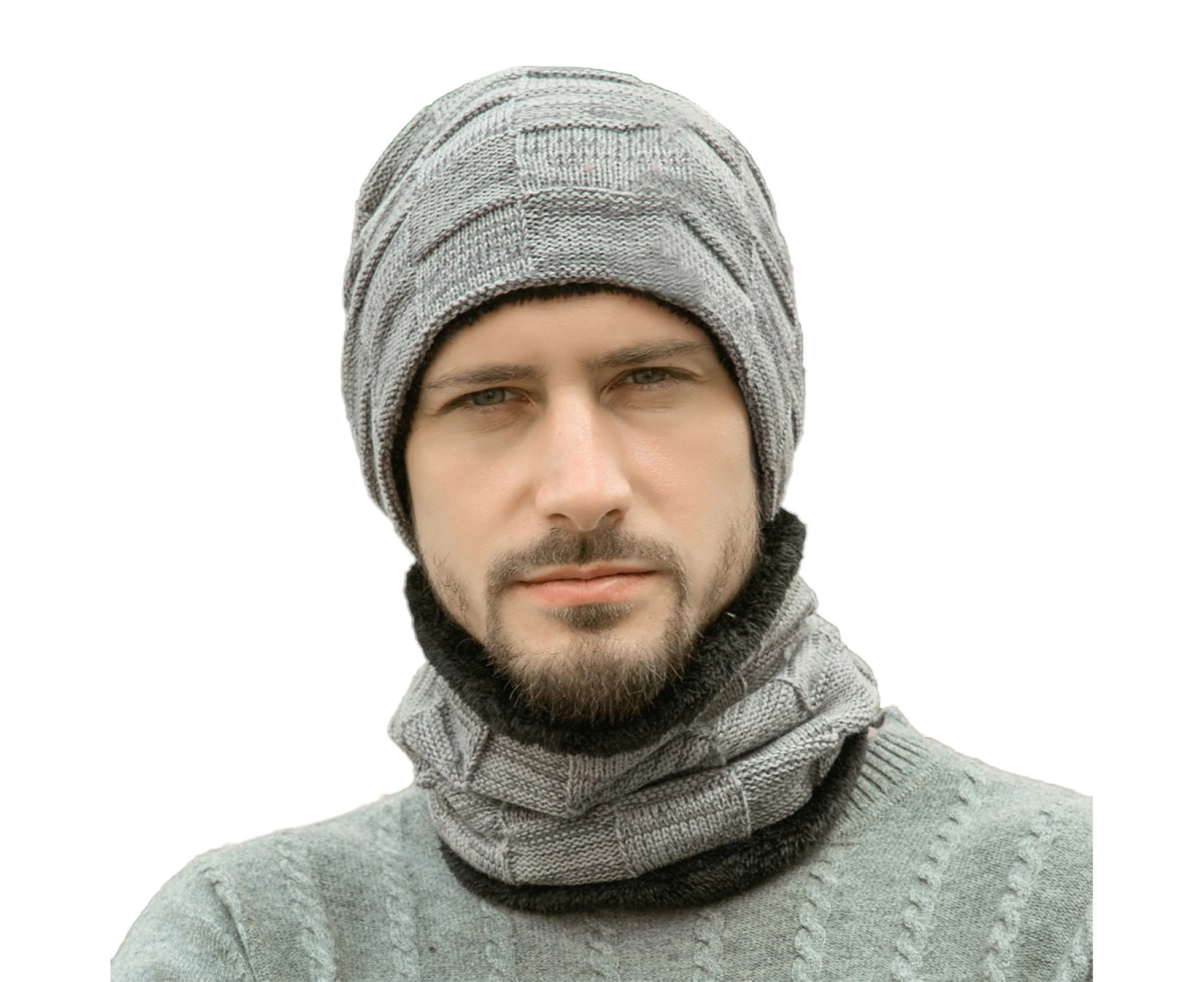 2Pcs/Set Men Winter Knitted Soft Plush Lining Beanie Hat Cap Scarf Neck Warmer-Grey One Size - Grey