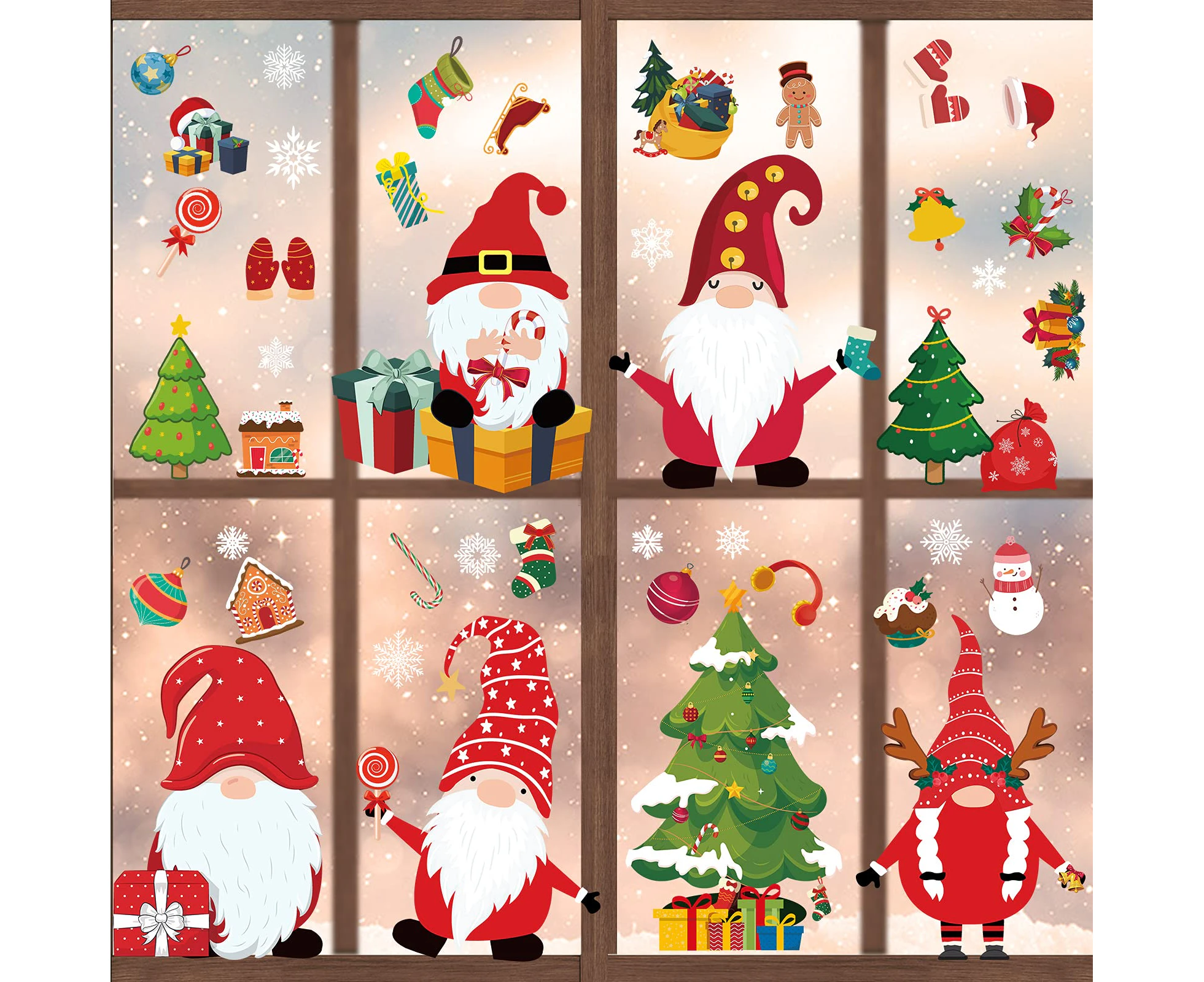 400 Pcs Christmas Window Stickers 12 Sheets Reusable Gnome Christmas Decorations for Home Office Classroom Christmas Theme Party