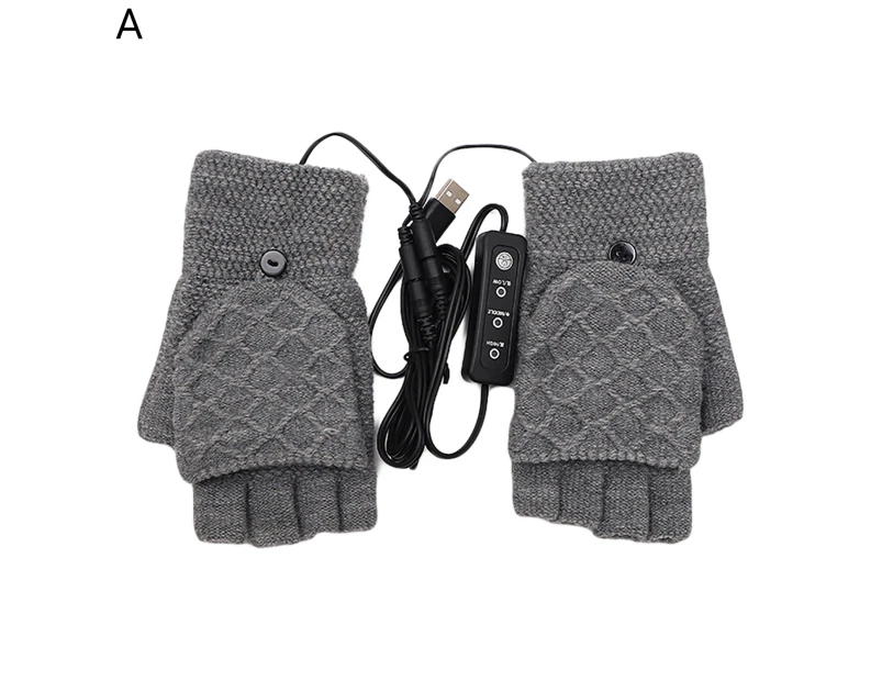 Heated Gloves Fingerless Double-Sided Heating Knitted Winter USB Heated Gloves Typing Mitten for Women Men Grey A