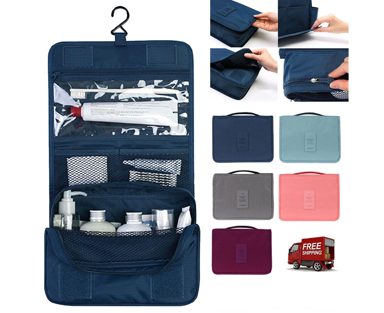 Travel Cosmetic Storage Case MakeUp Bag Folding Hanging Toiletry Wash Organizer Pouch - Navy Blue