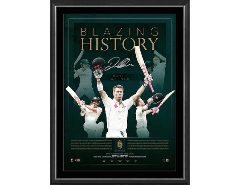 Cricket - David Warner "Blazing History" Signed & Framed Lithograph