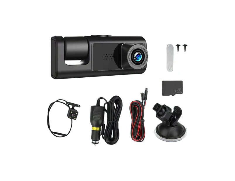 3 Channel Dash Cam Front and Rear Inside 1080P Full HD 170 Degree Wide Angle Dashboard Camera with 32GB SD Card