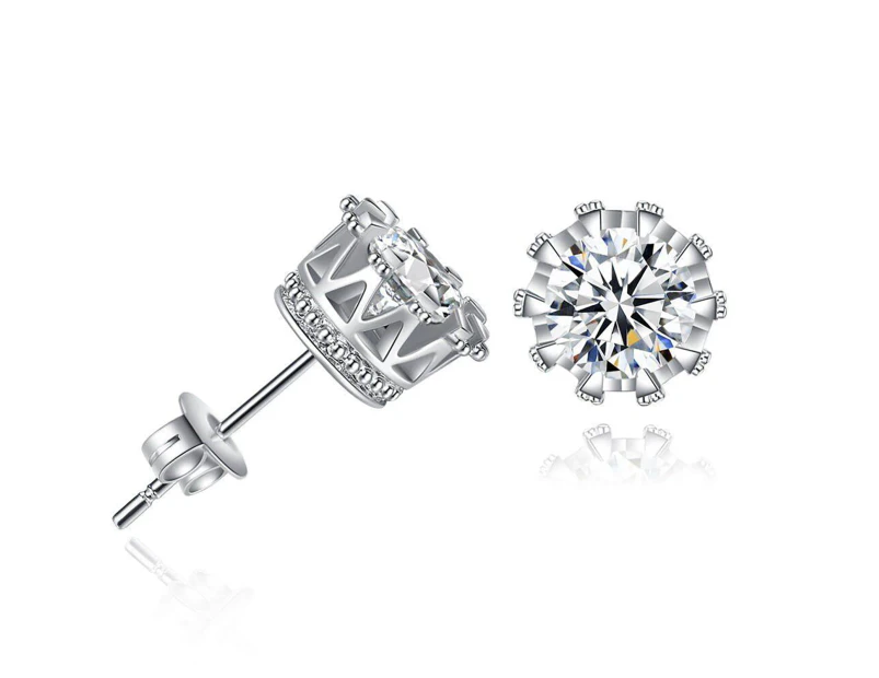 925 Sterling Silver Small Crown Women Men CZ Crystal Solitaire Stud Earrings