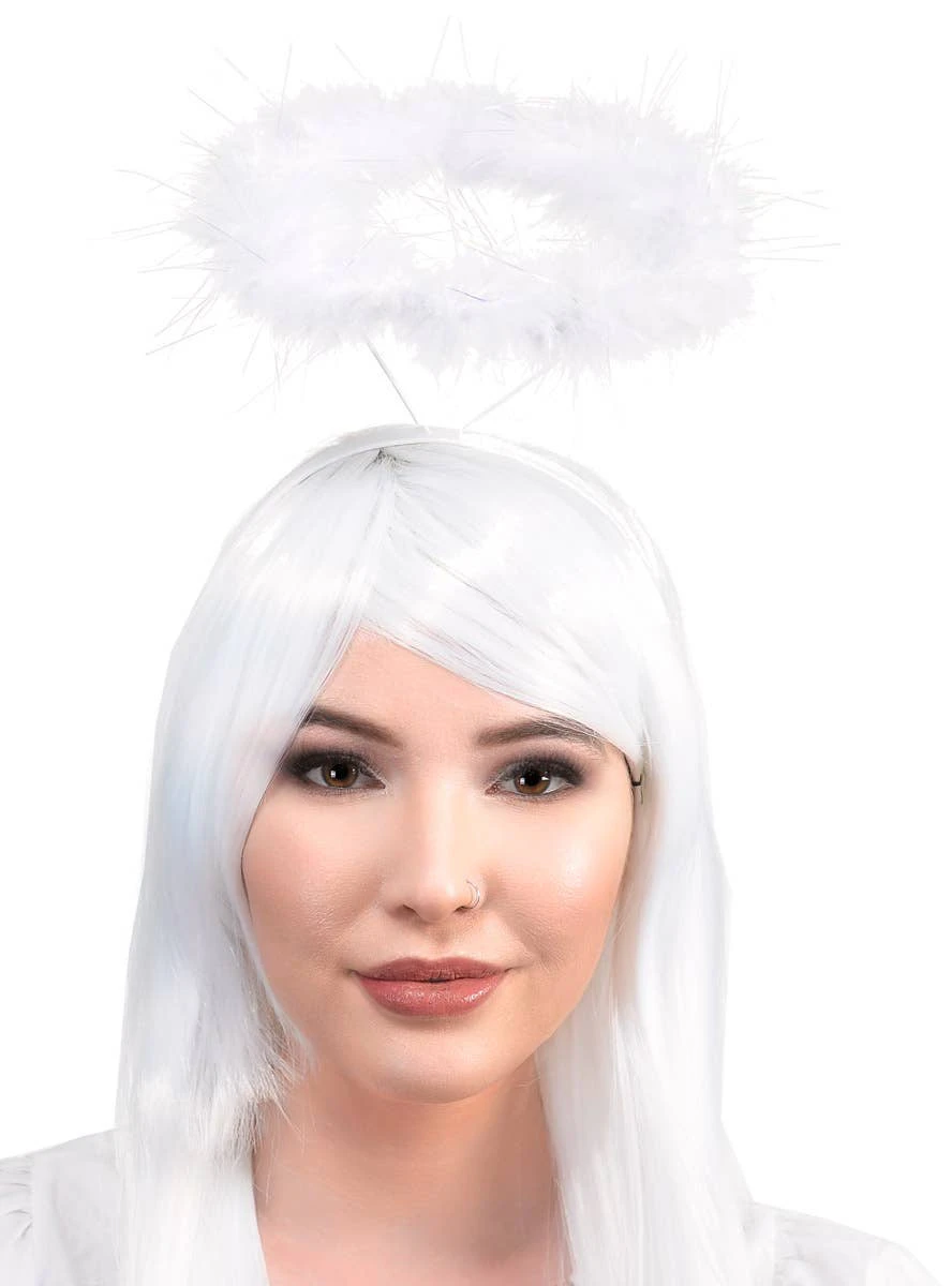 Fluffy White Feather Angel Halo Costume Accessory - New