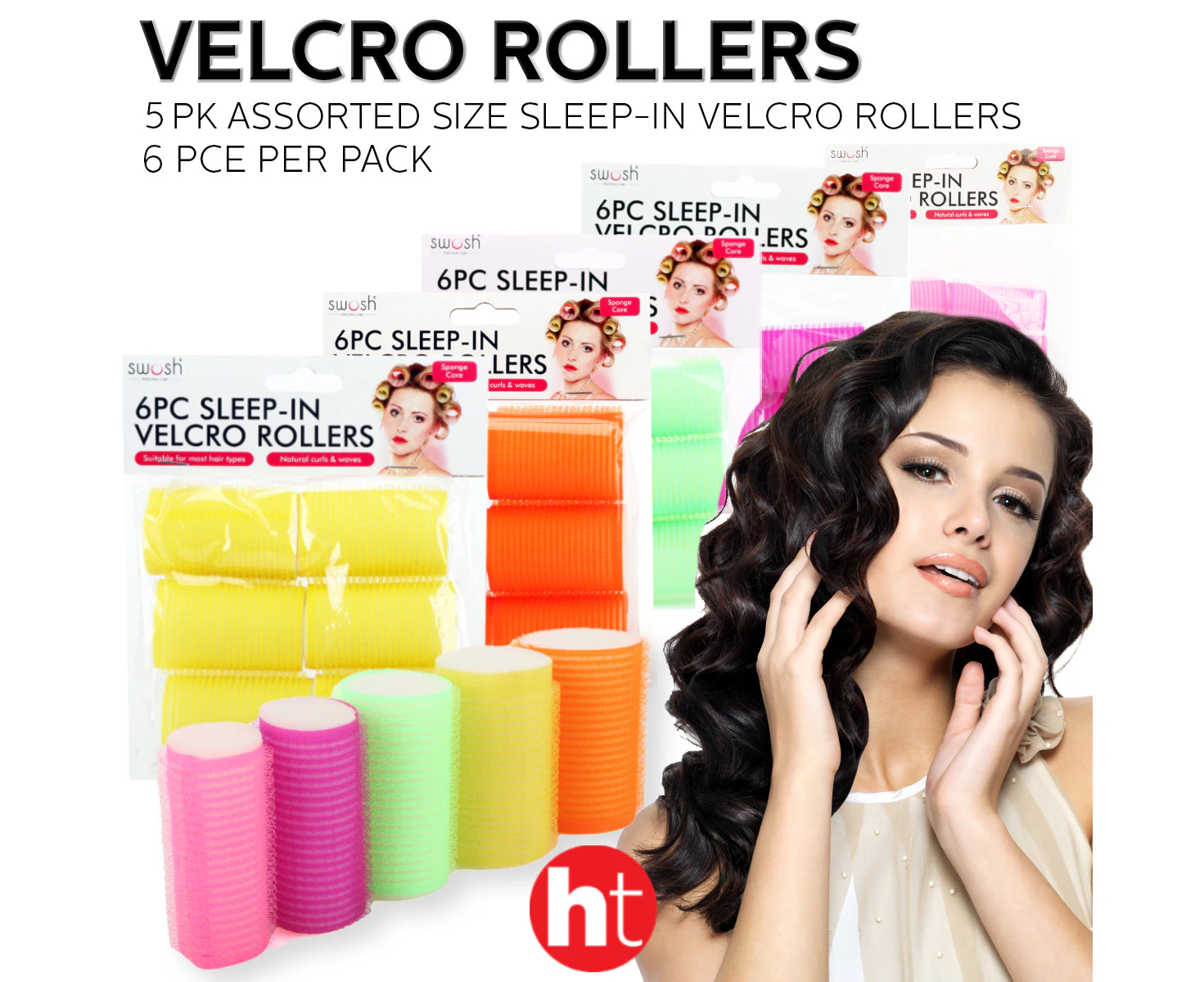 [5PK] Swosh Sleep-In Velcro Rollers, Sponge Core, Assorted Sizes, Suitable For Most Hair Types, Natural Curls & Waves, Will Bring A Beautiful Lift To Your