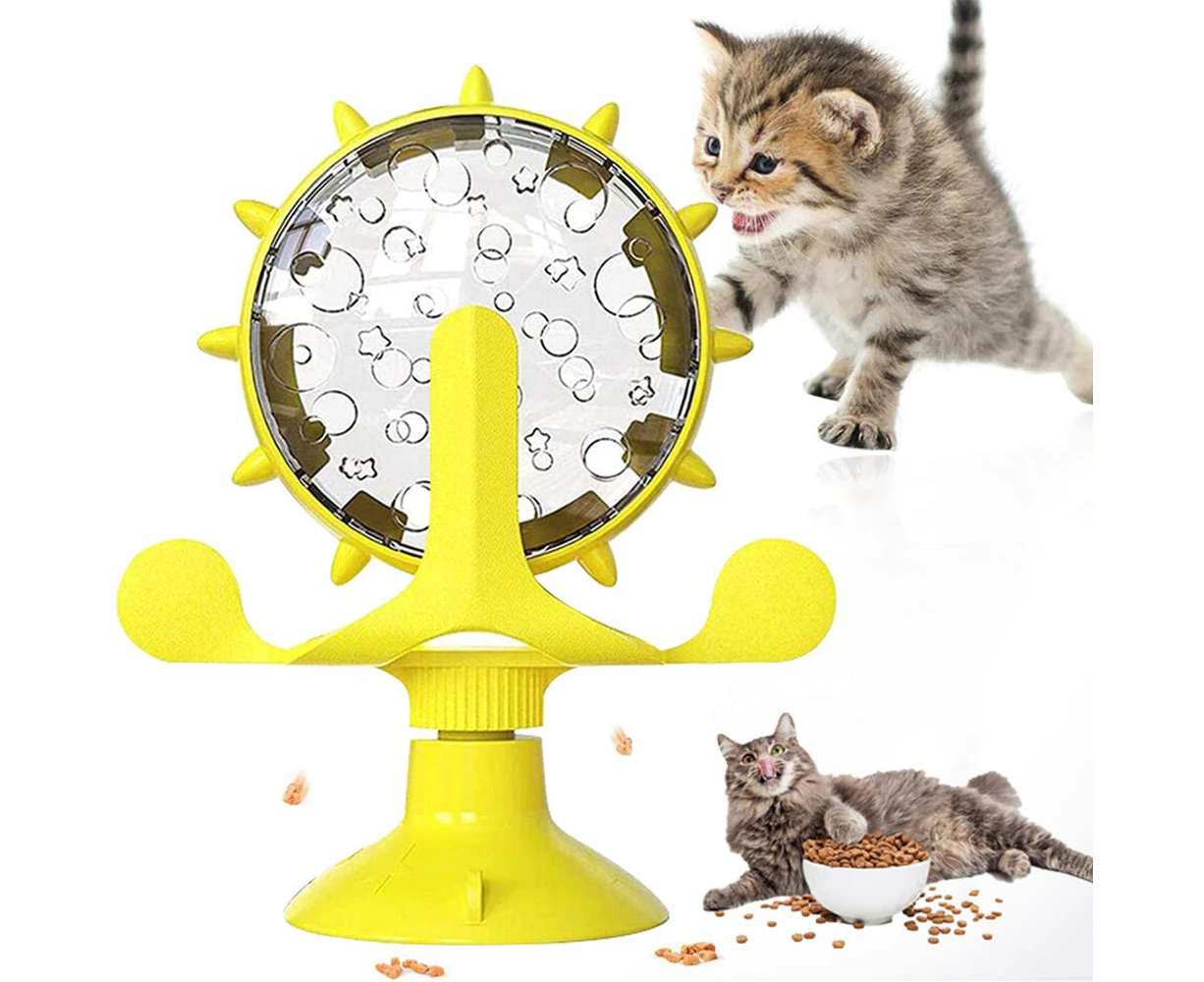 Cat Toys, Windmill Leaking Food Toy Interactive Cat Toys for Indoor Cats with Suction Cup，Cat Spring Cat Bell Ball-Yellow