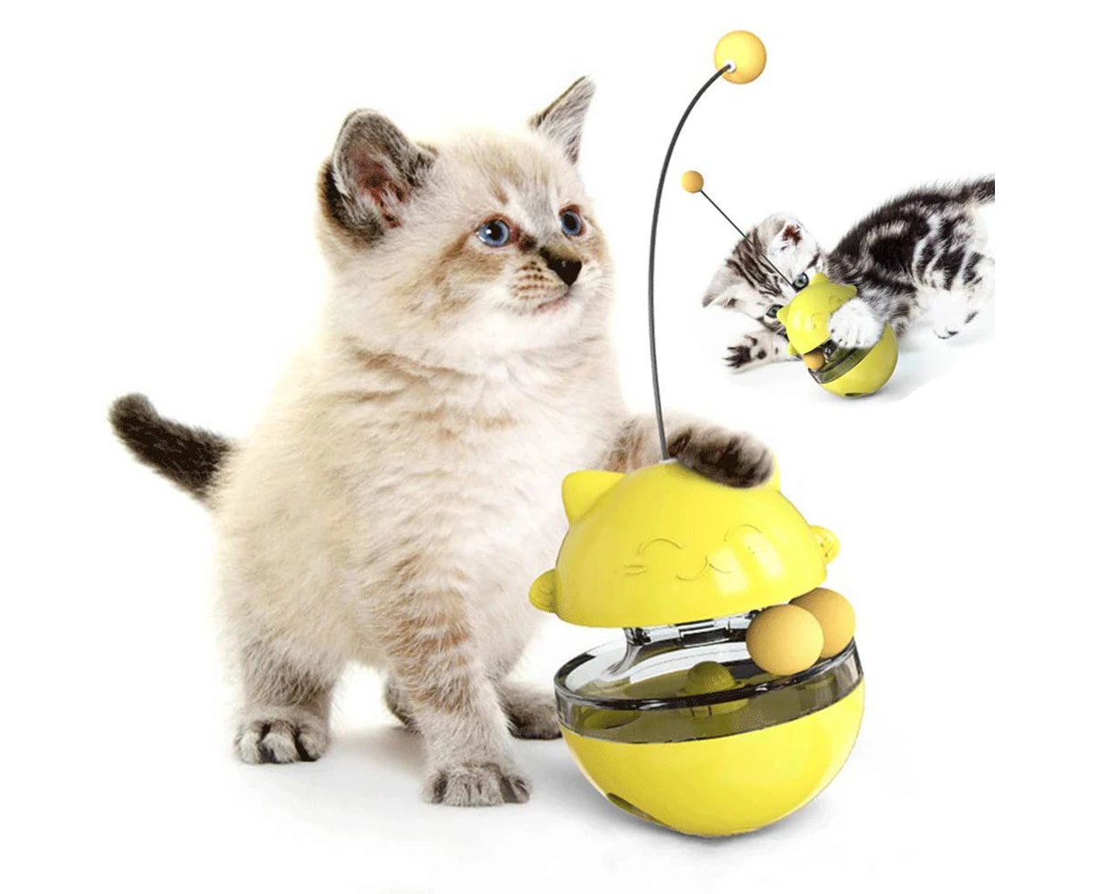 Cat Food Dispenser Treat Toys, Interactive Treat Dispensing Slow Feeder Pet Food Treat Ball Funny Tumbler Style IQ Training Toy Dual Rolling Ball-Yellow