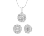 Bevilles Stud Earrings and Cushion Shaped Pendant Necklace with 0.15ct of Diamonds in Sterling Silver