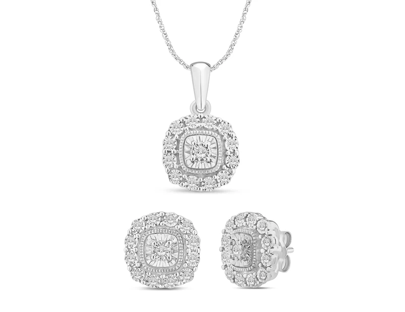 Bevilles Stud Earrings and Cushion Shaped Pendant Necklace with 0.15ct of Diamonds in Sterling Silver