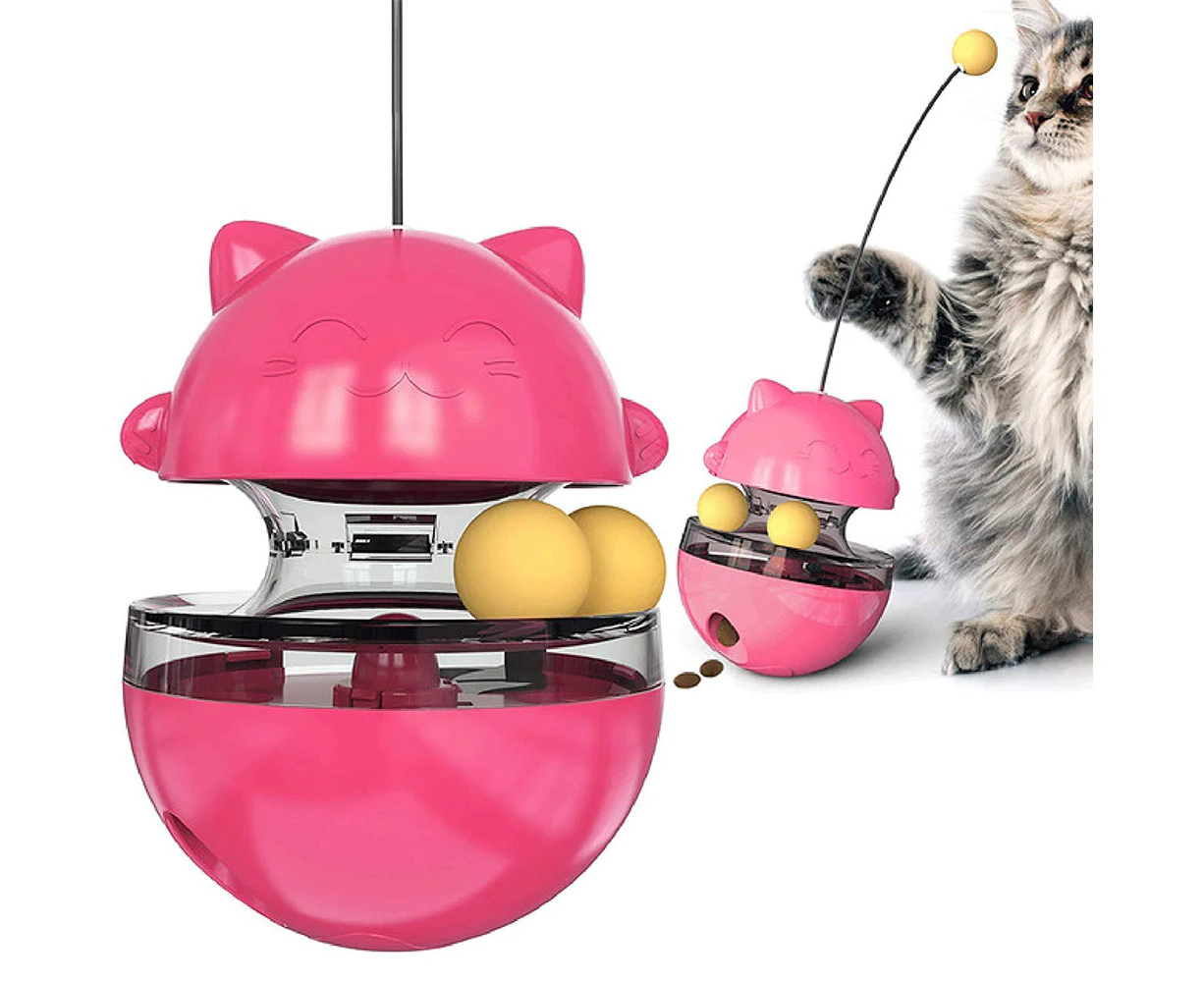 Cat Food Dispenser Treat Toys, Interactive Treat Dispensing Slow Feeder Pet Food Treat Ball, Funny Tumbler Style IQ Training Toy Dual Rolling Ball-Magenta