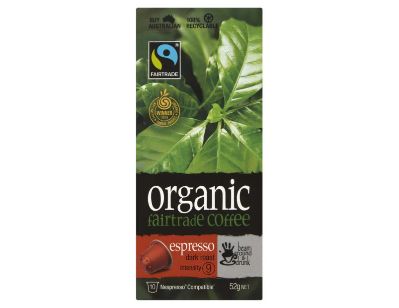 bean ground & drunk  Espresso  Organic Fairtrade aluminium 10 coffee capsules