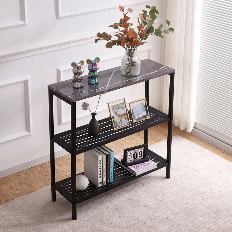 1x Bookshelves Shelving 3-Layer Storage Rack Console Table Hallway Table 90x30CM Faux Marble Pietra Grey With Black Metal Legs Flower Stand Display