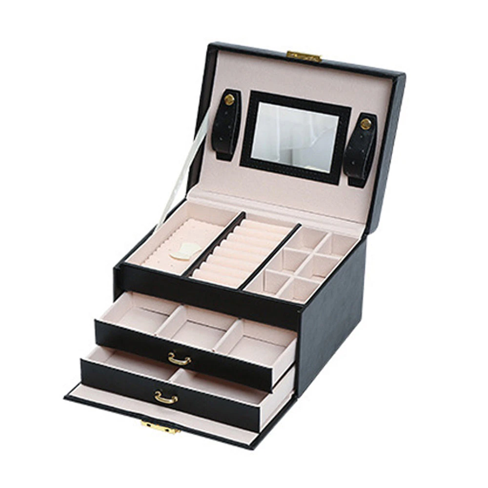 Jewellery Box Organiser Storage Case 3 Tier Mirror Lockable PU Leather Black