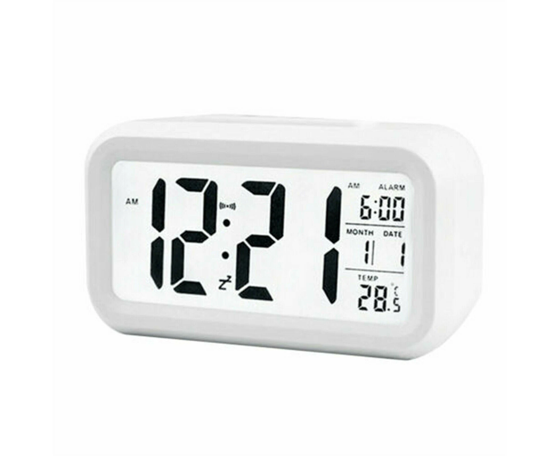 Digital Bedside LED Snooze Alarm Clock Time Temperature Day/Night Desktop White