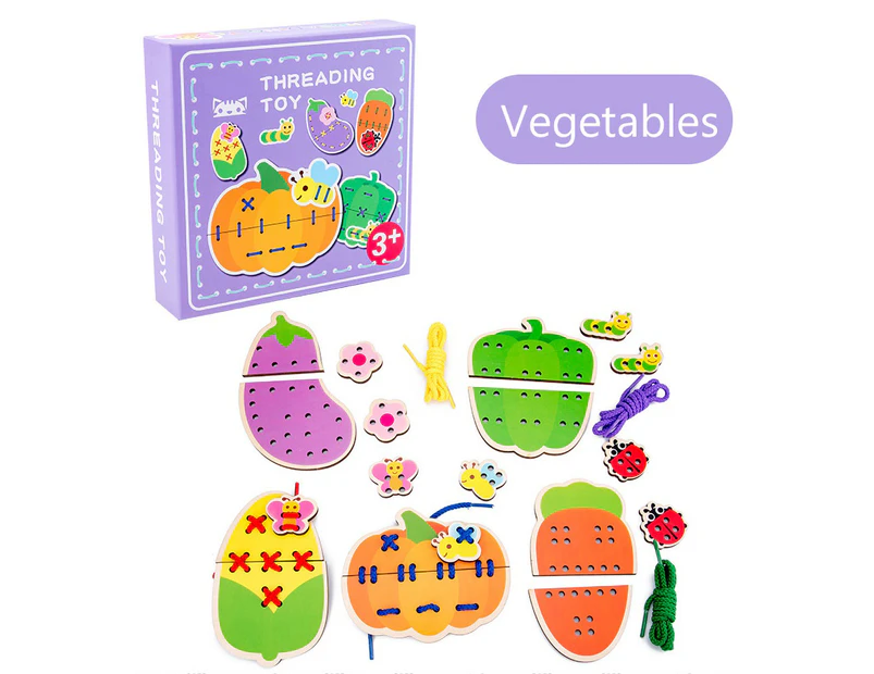 Kids Cartoon Fruit Animal Vegetable Wooden Lacing Block Threading Game Puzzle Toy Vegetable*