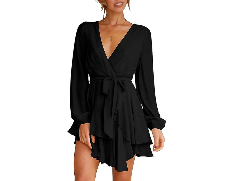 Women s dress deep v neck long sleeve waist tie ruffle mini swing skater dresses 02 black Catch