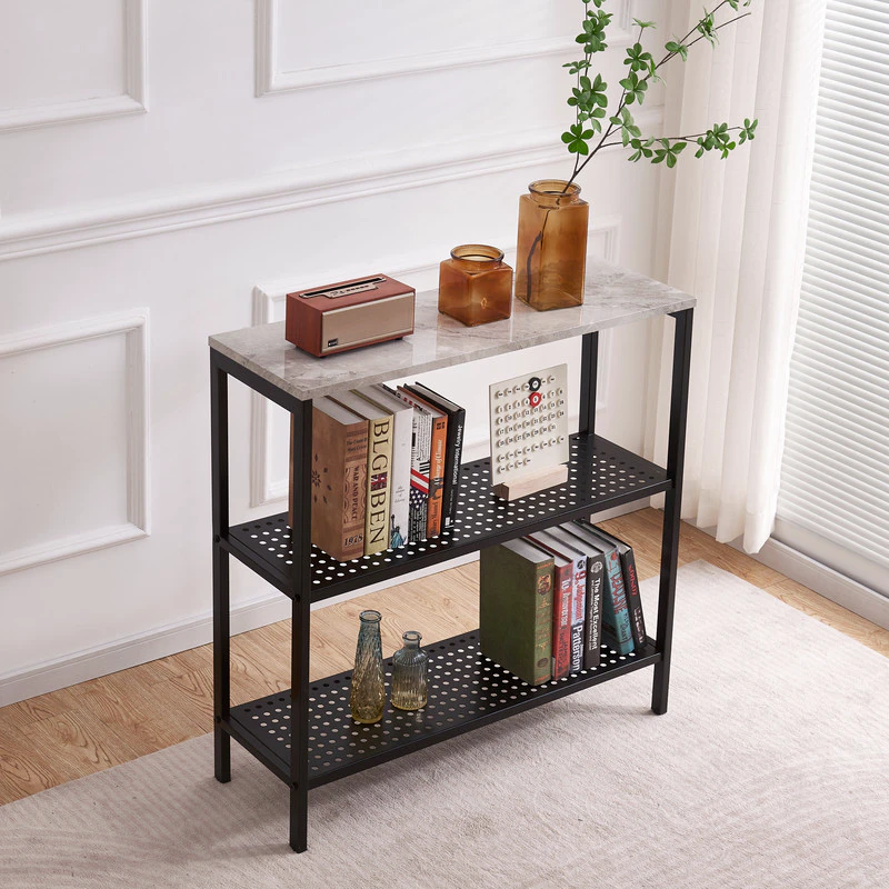 1x Bookshelves Shelving 3-Layer Storage Rack Console Table Hallway Table 90x30CM Faux Marble Ancona White With Black Metal Legs Flower Stand Display