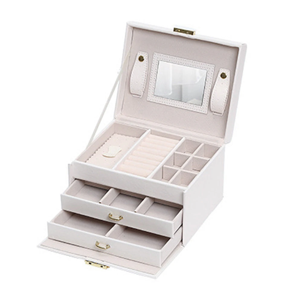 Jewellery Box Organiser Storage Case 3 Tier Mirror Lockable PU Leather White