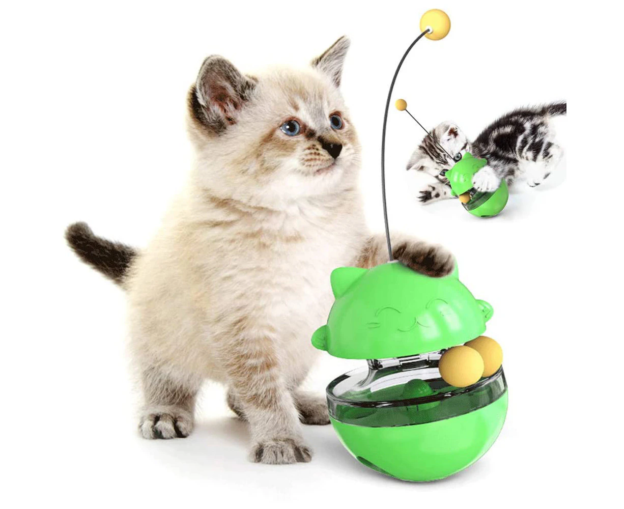 Cat Food Dispenser Treat Toys, Interactive Treat Dispensing Slow Feeder Pet Food Treat Ball, Funny Tumbler Style IQ Training Toy Dual Rolling Bal;-Green