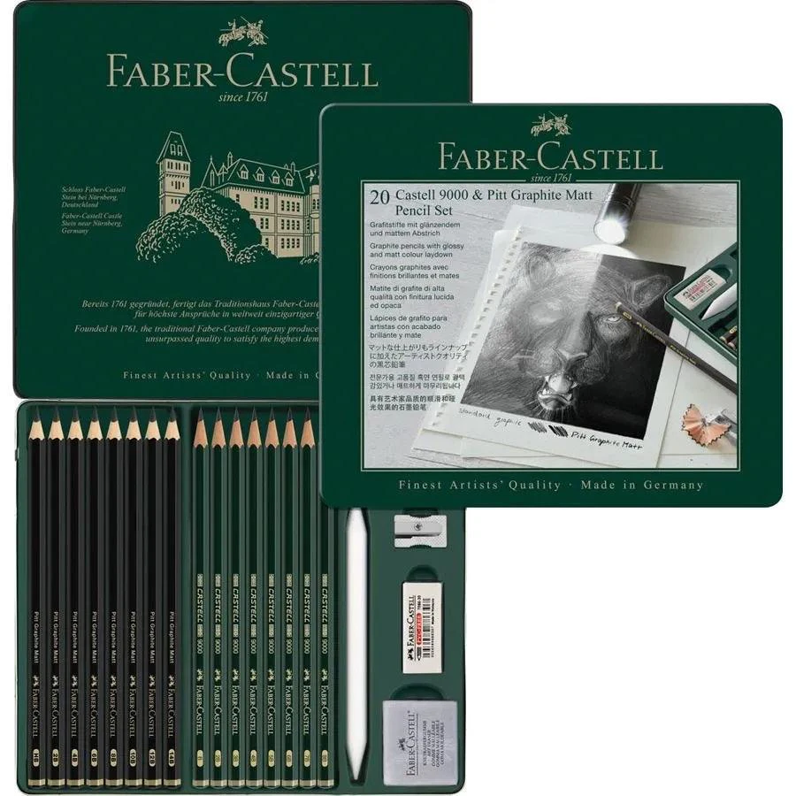 Faber Castell Set Pitt Graphite Matt Pencils, Eraser, Sharpener & Castell 9000 Tin Of 20